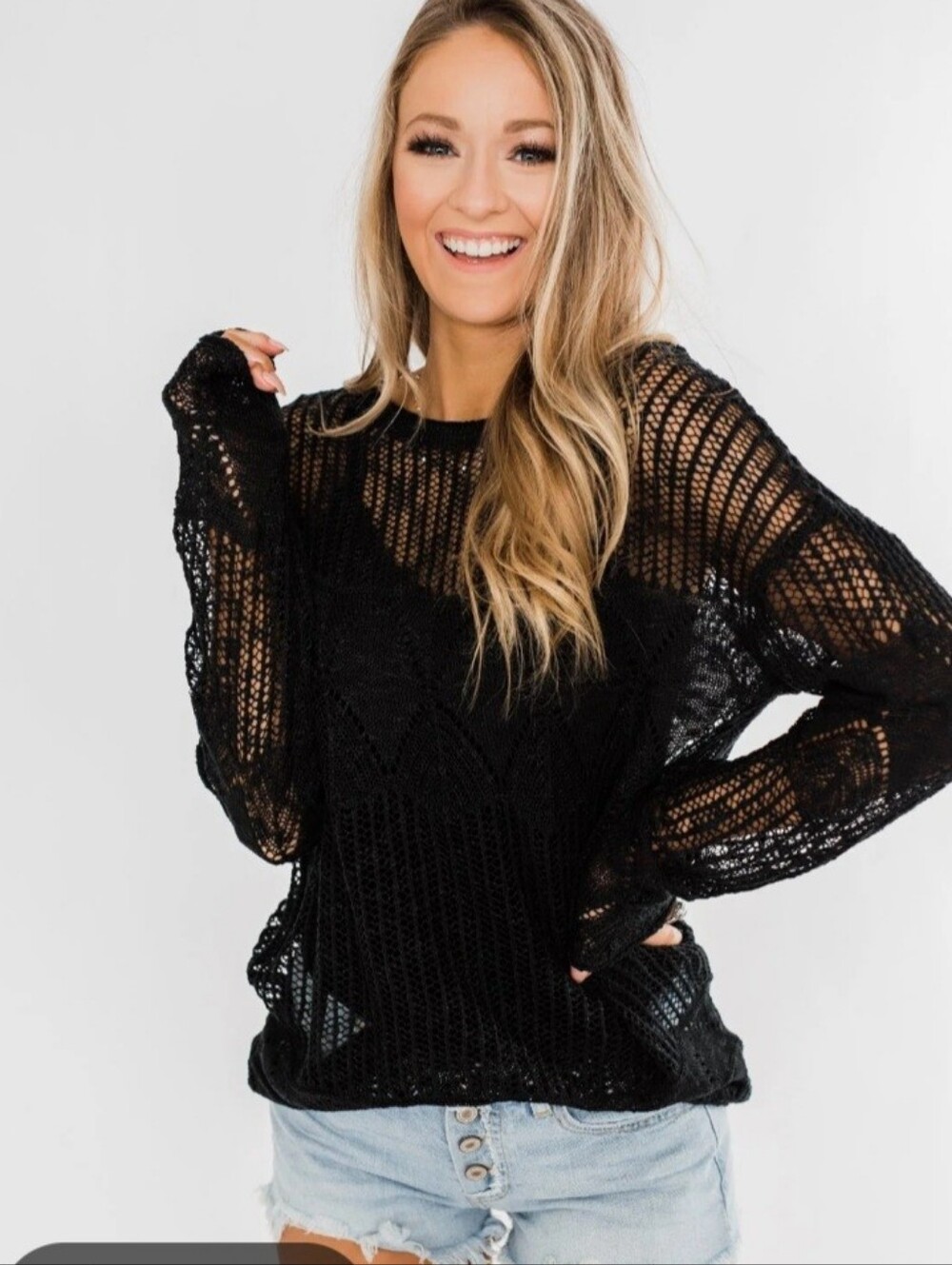 RD Style Navy Blue Open-Knit Crewneck Sweater